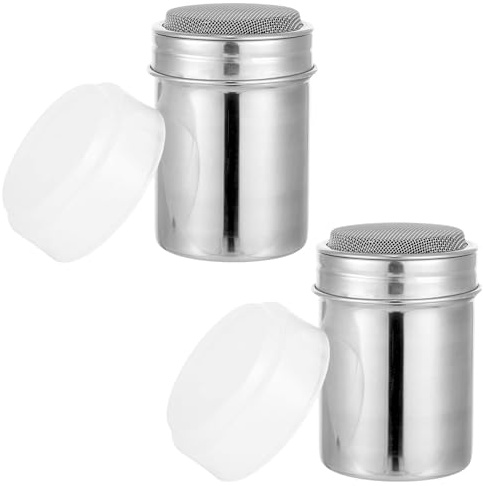 Qiuvpop Puderzuckerstreuer,Edelstahl Mehlstreuer mit Deckel,6x8.5cm/2.36x3.35inch,Zuckerstreuer,Kakaostreuer,Staubzuckerstreuer für Backen,Kaffee,Zucker,Salz,Kakao,Zimt (2)