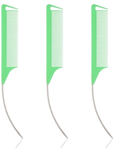 Mabor 3 Pcs Rat Tail Combs for Women – Steel Needle Curved Parting Combs, Fine Tooth Hair Styling Comb for Braiding, Backcombing & Sectioning (Green)