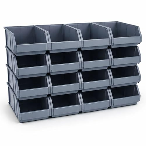 Rodopi 16er Set Stapelboxen, Größe L | Sichtlagerkästen 335x209x152mm | Robuste Lagerboxen für Werkstatt, Garage, Keller | Sortierkästen für Werkzeug & Baumaterialien Anthrazit