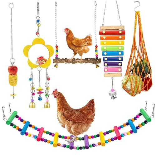 6 Pezzi Giocattoli per Galline, Scaletta per Galline Altalena in Legno Naturale, Specchio per Xilofono con Campane Frutta Mangiatoia Appesa Accessori per pollai per Uccelli Gallo Pulcini Gi