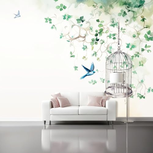 Generico Carta Da Parati In Tessuto Non Tessuto Bianco, Acquerello Fiori Viti Uccelli Decorazione Per Camera Da Letto Soggiorno Ufficio Corridoio Dimensioni 150 x 105 cm（WxH