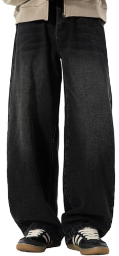 PADOLA Jeans Uomo Vintage Baggy Vita Elastica Pantaloni Lavoro Larghi Finitura Lavata Lavaggio Sbiadito Multi Tasche(S,Nero)
