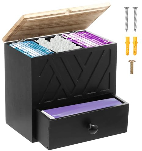 Deuson Binden Aufbewahrung Badezimmer,3 Fächer Tampon Aufbewahrung Bad,Holz Aufbewahrungsbox Hygieneartikel,Vielseitige Girl Stuff Box mit Schublade und Deckel,für Mädchen,Frauen,Damen(schwarz,1)