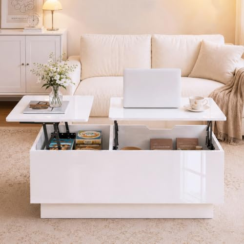 JanflyHome Höhenverstellbar Couchtisch mit Stauraum und Schubladen | Couchtisch Weiß Hochglanz, Modern Wohnzimmertisch Hochglanz mit Hebeplatte, 100 x 50 x 40 cm