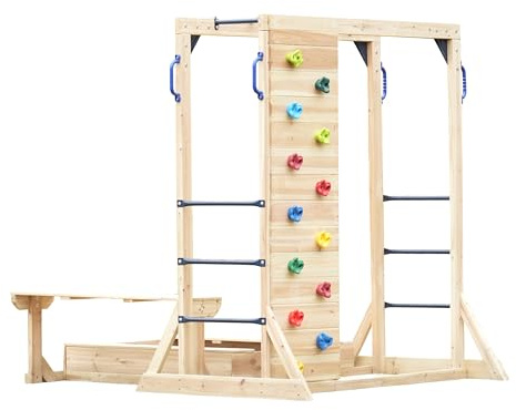 AXI Dex Klettergerüst aus Holz in Braun | Kletterspielplatz für Kinder mit Kletterwand, Sandkasten, Monkey Bars und Picknicktisch | Vielseitiges Spielgerät für den Garten - 200 x 195 x 199 cm
