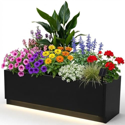 LED Hochbeet Metall mit Beleuchtung, Pflanzkasten mit Fernbedienung, Lichtstreifen, werkzeugloses Stecksystem, kein Aufbau nötig, mit Drainagelöchern, wasserdicht für Balkon, Terrasse & Garten