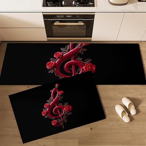 MULERN Conjuntos de Alfombras de Cocina, Tema Musical Clave De Sol Rosa, 2 Piezas Alfombra Antideslizante Lavable para Baño/Cocina, Alfombra para Piso Que Atrapa el Agua, 40x60cm+40x120cm