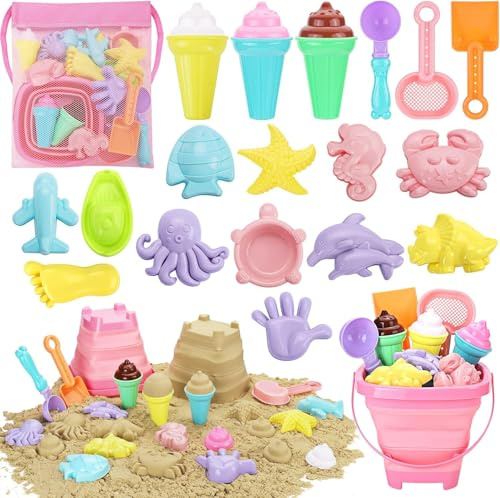 KAHEIGN Juguetes de Playa para Niños, Castillo de Arena Juguete de Arena de Helado con Cubo Plegable, Palas, Bolsa de Malla, Juguetes de Viaje para Bebés Niños Niñas de 3 a 10 Años
