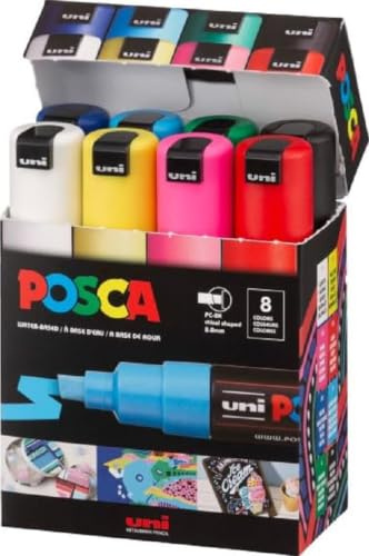 uni-ball 182608 - POSCA Marker mit breiter Keilspitze, 8er Set, Grundfarben