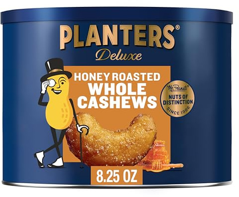 PLANTERS Deluxe Honey Roasted Whole Cashews, Party Snack, Plant-Based Protein, After School Snack, Sweet and Salty Snack Nuts, Quick Snack for Adults, Flavored Cashews, Kosher, 8.25oz Canister