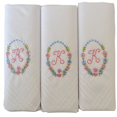 3er Pack Damen/Damen bestickt Initialen Taschentücher mit weißem Satin Rand, K