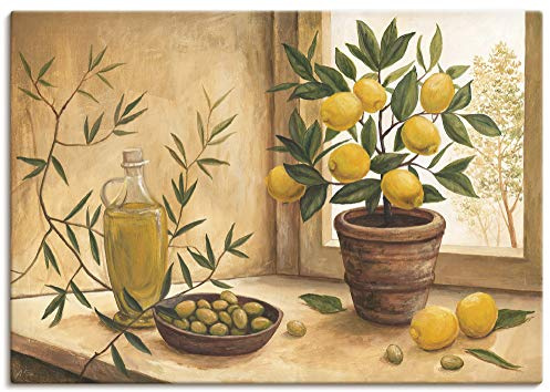 ARTLAND Wanddeko Leinwand Bilder Wandbild 100x70 cm Stillleben Toskana Mediterran Oliven Zitrone Essen Lebensmittel Malerei T4HV