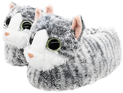 Onmygogo Novelty Slippers Ladies, Indoor Winter Furry Cat Kitty Plush Slippers for Women (UK Women Size 4-6(Euro size 37-40), Grey)