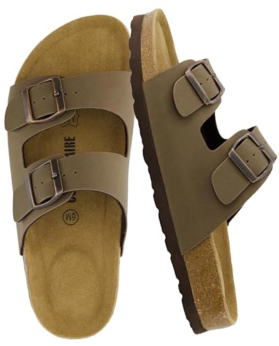 CUSHIONAIRE Lane Cork Footbed Womens Sandals Comfortable Double Buckle Slip On Sandals for Women with Arch Support and Classic Two Strap Design, BROWN 8.5