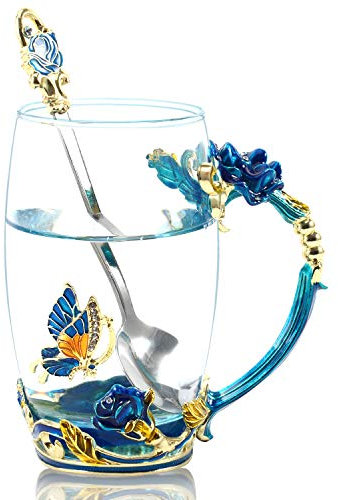 WOBOX 330ML Enamel Tea Cup Glass Coffee Mug Handmade Rose Flower Tea Mug for Valentine’s Day, Birthday, Christmas Gift with Stainless Steel Spoon Set