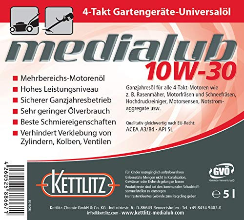 5 Liter Mineralisches Hochleistungsmotorenöl KETTLITZ-Medialub 10W-30 Ganzjahresöl für 4-Takt Motoren, Gartengeräte