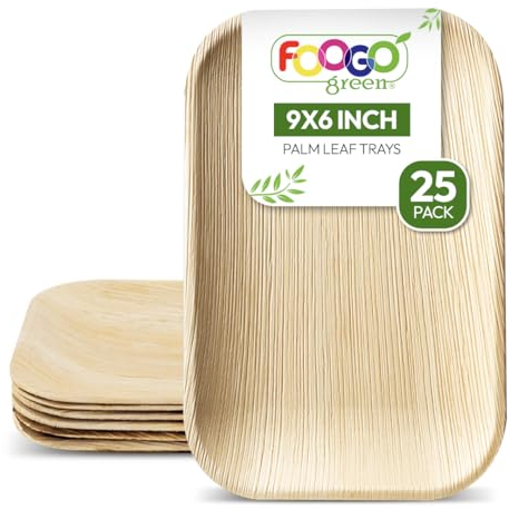 FOOGO Green 25 Bandejas Desechables de Hoja de Palma, Medianas 22x15 cm, Pizza, Entrantes, Canapés, Charcutería, Resistentes Como las Bandejas de Madera para Comida Caliente y Aperitivos