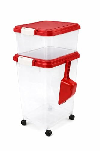 raxter Pet Food Storage Container Set, Clear with Red Lid, Food-Grade Plastic, 45L Combined Capacity, Airtight Seal, Wheeled Base, Stackable, 3 Piece Set with Measuring Scoop (Red)