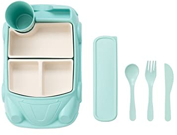 Kids garden Car Plate 8Pcs/Set Bamboo Children Dinnerware Sets - Dishwasher/Microwave Safe Includes Cutlery, Beautiful Plate, Separable Bowls & Cup Happy MealTime, Light Green, YK-001