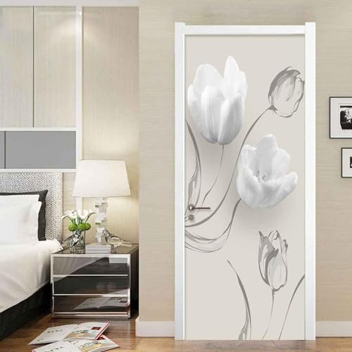 JFEDMN Adesivo Per Porte 3D Per Porte Interne, 90X210Cm Fiori Bianchi Alla Moda Fotomurali Autoadesivi Per Porte In Vinile, Carta Da Parati Soggiorno Cucina Camerette Art Applique