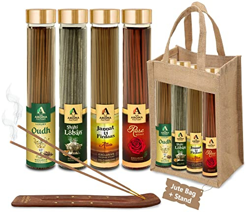 The Aroma Factory Organic Incense Sticks Aromatic Fragrances | Rose, Attar Jannat-ul-Firdaus, Oudh & Loban | No Charcoal, Scented Incense | Herbal Pooja Agarbatti | 4x100g Jute Bag Giftset