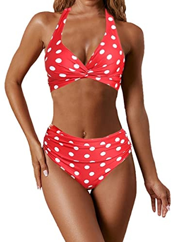NLAND Bikinis Mujer Push Up Conjunto de Trajes de Baño para Mujer Bandeau Fruncidos de Dos Piezas de Cintura Alta Trajes de Baño(Lunares Rojos,L)