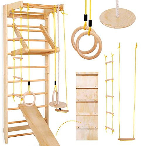 Physionics® Sprossenwand Set - Für Kinder/Erwachsene, inkl. Klimmzugstange/Ringe/Trapez/Schrägbrett/Strickleiter, aus Holz, bis 100kg, Indoor - Kletterwand, Klettergerüst, Turnwand, Schwedische Leiter
