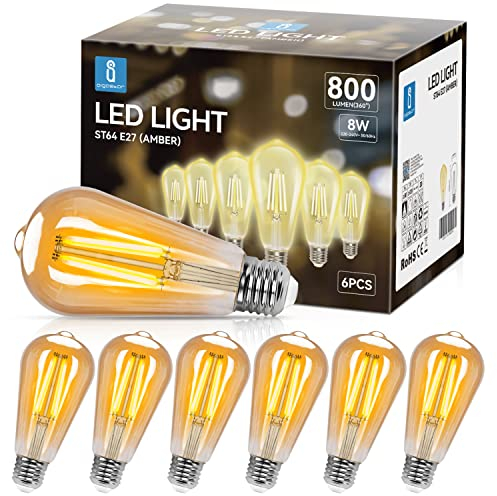 Aigostar ST64 Bombilla Edison Estilo Vintage. Bombilla Led E27 (Casquillo Gordo, 8W (Equivalente A 60W), Bombilla De Filamento Led Blanco Cálido (2200K). Ángulo De Haz 360º. No Regulable. Pack 6 Uds