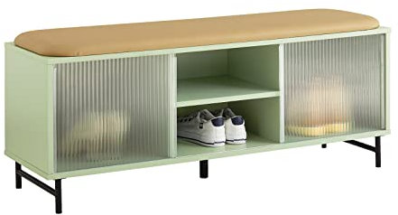 SoBuy FSR115-GR Schuhbank mit Sitzfläche und Schiebetüren aus Glas Garderobenbank Sitzbank mit Stauraum Dielenbank Schuhtruhe Sitzkommode schuhregal mit sitzbank schmal Grün BHT ca.: 110x46x34cm