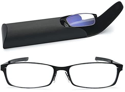 Lanomi Schmale Lesebrille Blaulichtfilter Damen Herren Ultraleichte Metall Vollrahmen Lesehilfe Sehilfe Rechteckig UV400 Schutz Computer Brille mit Etui Schwarz 2.0