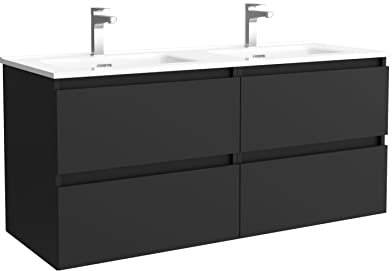 Salgar Mueble de baño Bequia 120 cm con Lavabo 100% montado de fábrica | Acabado Negro Mate suspendido 4 cajones Cierre amortiguado Apertura con uñero | Lavabo 2 pozas Porcelana Blanca