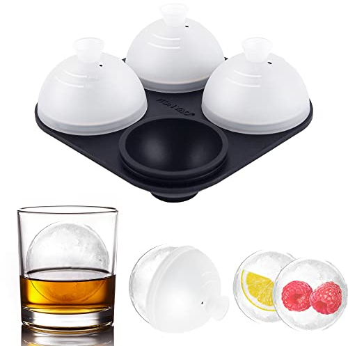 HONYAO Whiskey Ice Ball Mold, Ice Ball Maker Mold 100% Silicone Round Balls Ice Cube Tray with Clear Individual Lid, 2.4in Large Sphere Ice Ball Molds for Cocktails Bourbon Rum - 4 Iceballs