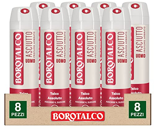 Borotalco Trockenes Deo-Spray für Herren, Duft Bernstein, 8x150ml | Lufterfrischer-Spray, 72 Stunden, mit Talkum, absorbiert Schweiß, ohne Alkohol