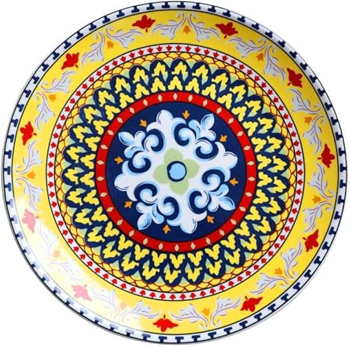 Exquisite dual-purpose dinner plate,9 inch/11 inch Bohemian Dinner Plate Japanese Retro Dinner Plate Household European and American Ceramic Tableware-9 inch lace Blank ( Color : 9 Inch Yellow Flag Fl