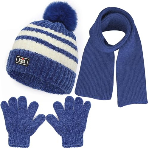 NLAND Set de Bufanda Gorro y Guantes para Niño Niña 3 Piezas Conjunto Accesorios de Invierno Gorro Térmico de Punto Bebé Cálido Guantes de Forro Polar para 1-5 Años(Azul,Talla única)