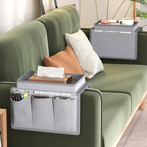 Hosoncovy Sofa Armrest Tray Organizer - Couch Arm Storage Bag - Anti-Spill Remote & Cellphone Holder (Grey)