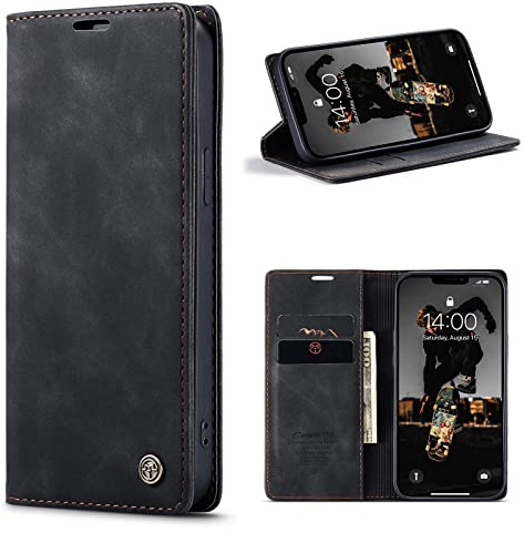 CaseMe Hülle für Xiaomi Mi 13T/13T Pro Vintage Dünne Handyhülle mit Kartenfach Geld Slot Ständer PU Ledertasche Flip Schutzhülle für Xiaomi Mi 13T/13T Pro- Schwarz