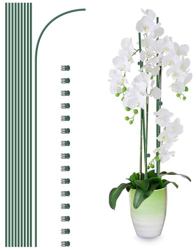 10 picchetti di supporto per piante con 15 clip per piante, bastoncini per piante da interno ed esterno, clip e picchetti per orchidee, 40,6 cm di altezza, pieghevoli, a stelo singolo, pieghevoli