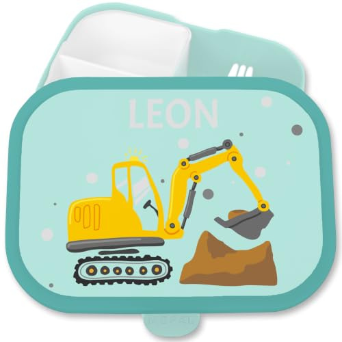 Brotdose Kinder Campus für Mepal - Bagger mit Name Bagger-Fan Baustelle Bagger-Motiv Baufahrzeug - 750 ml - Türkis - vesperdose kindergarten jausenbox junge baustellenfahrzeuge lunchbox fächern