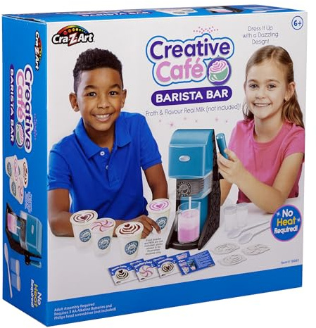 CRA-Z-ART Creative Café Barista Bar Toy coffee style machine with battery powered whisk to froth real milk Includes stencils for latte art