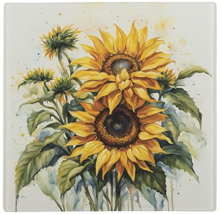Sunflowers Square Glass Worktop Protector - Watercolour Garden Flowers Gift/Present - Smooth Floral Kitchen Chopping/Cutting Board Worktop Saver with Non-Slip Feet 30cm x 30cm (12 x 12)