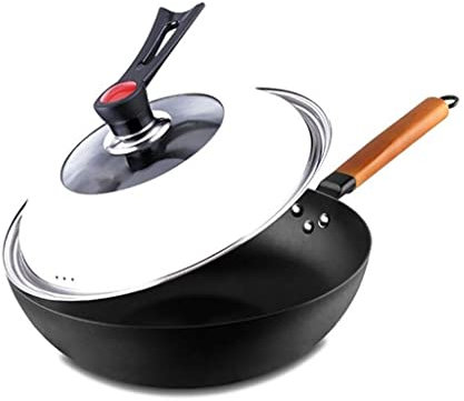 Olla para cocinar, sartén Profunda, Wok, Wok Hierro Fino 32 cm diámetro, Olla Gruesa sin Revestimiento, con Tapa Vidrio, Antiadherente físico, sartenes para Cocina inducción a Gas