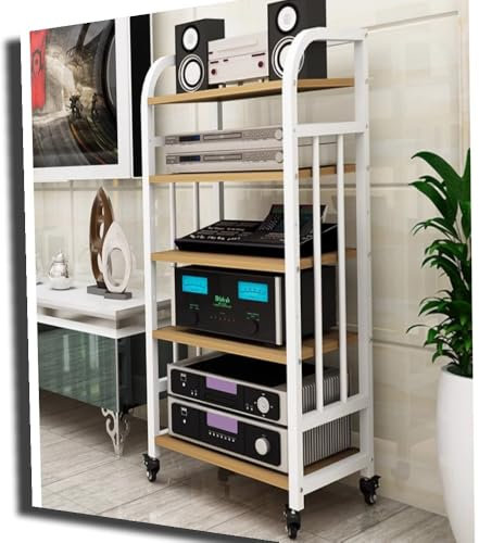 5Tier Audio Storage Rack Av Schrank Medienständer Eck TV-Ständer für DVD-Player Spielkonsole TV-Box (Weiß + Walnuss) Hifi Komponenten Schrank Medien Stereo Ständer Regale Grenzüberschreitende E-Commer