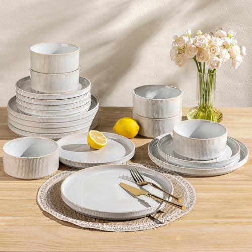 GBhome Steingut Geschirrset 6 Personen, 18-tlg Reaktive Glasur Handarbeit Steingut Geschirr Set, Mikrowellen- & Spülmaschinenfest Schüssel- und Teller Set,Beige