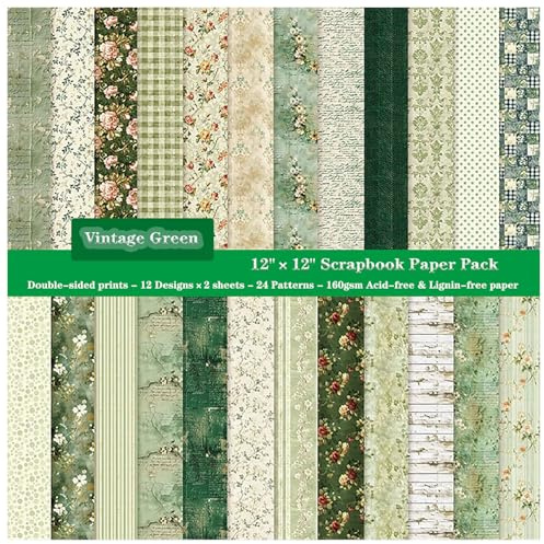 ZAKHSE Bastelpapier, 24 Blatt Motivpapier 30,5x30,5cm, Grün Blume Muster Doppelseitig Bedruckt Designpapier, 160gsm Säurefrei Scrapbook Papierblock für DIY Kartengestaltung,12 Designs, 24 Motive
