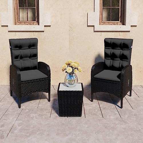 KTHLBRH 3-TLG. Bistro-Set Poly Rattan und Glas Schwarz Gartenmöbel-Sets Outdoor-Möbel-Sets Balkonmöbel-Sets Terrassenmöbel-Sets für Terrasse, Garten, Balkon