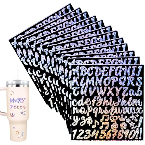 12 Sheets Letters Stickers for Stanley Cup, Self Adhesive Glitter Alphabet Decals Shiny Name Stickers for Water Bottles Stylish Cursive Sparkly Number Sticker for Water Bottle Phone Laptop Decoration