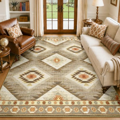 DEFYNEE Teppich Wohnzimmer 150x210cm, Waschbare Teppiche Groß, Creme/Camel | Vintage Wohnzimmerteppich, Waschbar, OEKO, Retro, Rutschfest Kurzflor Weich für Schlafzimmer, Esszimmer, Küche, Büro