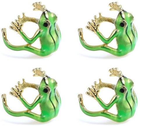 HJZHI Lot de 4 bagues grenouille feuillue réglables Bijoux drôle verte ouverte Clip d'oreille amusants pour femmes Cadeau