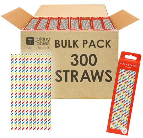 Table Fun 300 x Bulk Stripy Paper Straws Cocktail Disposable Striped Drinking Straws for Birthday, Wedding, Party, Catering, Bar, Yellow, White, Green, Pink, Blue